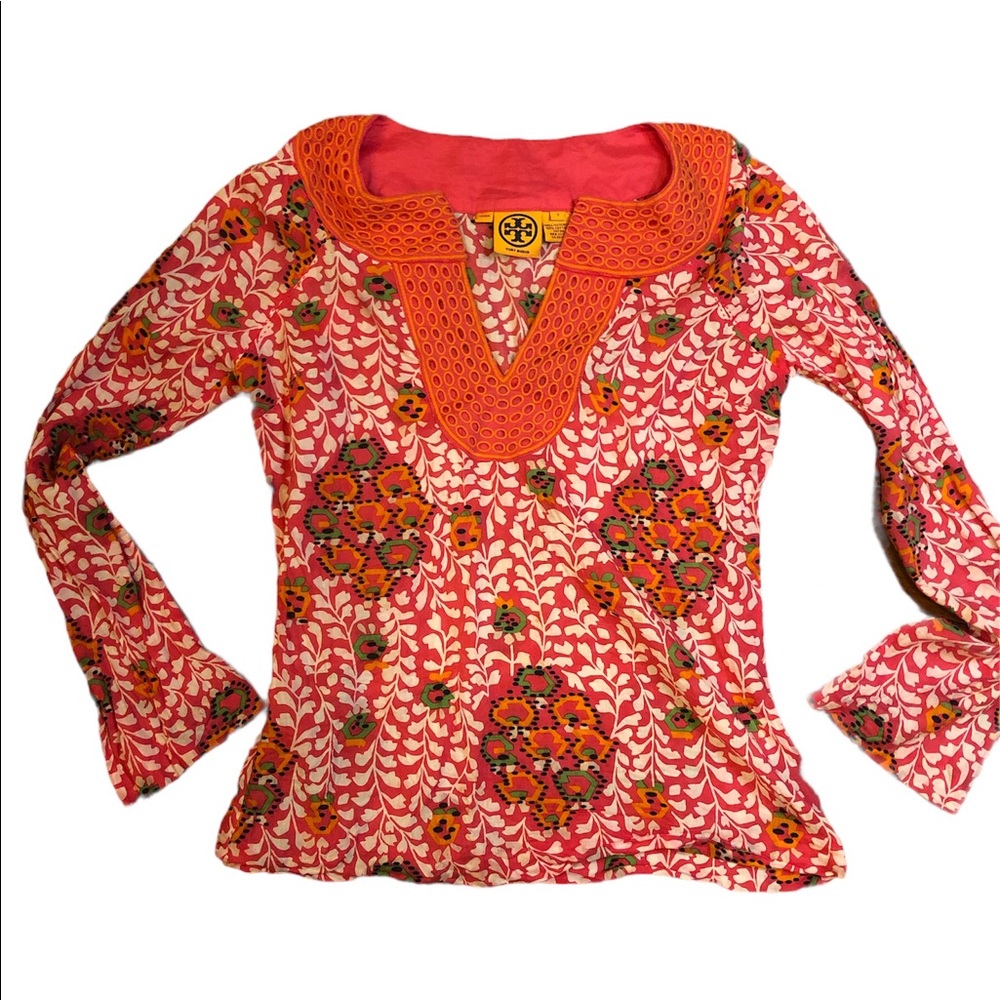 Tory Burch Pink/Orange Patterned Long Sleeve Top
